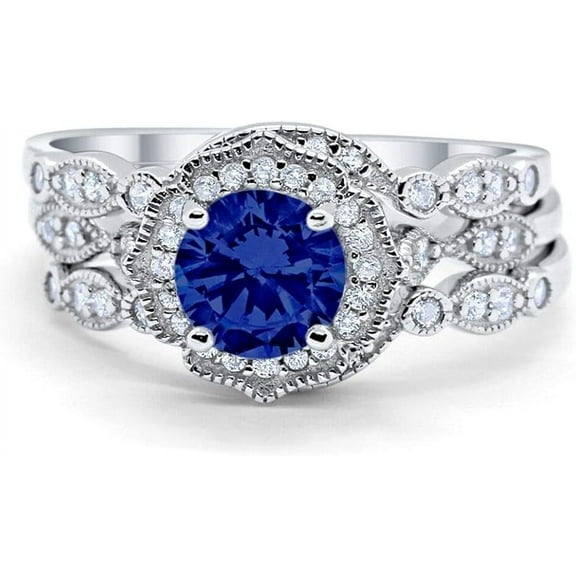 Gems Jewels 925 Sterling Silver 2.45 Ct Round Cut Blue Sapphire Wedding Engagement Thanksgiving Christmas Bridal Ring Set 14K White Gold Plated For Women's -4
