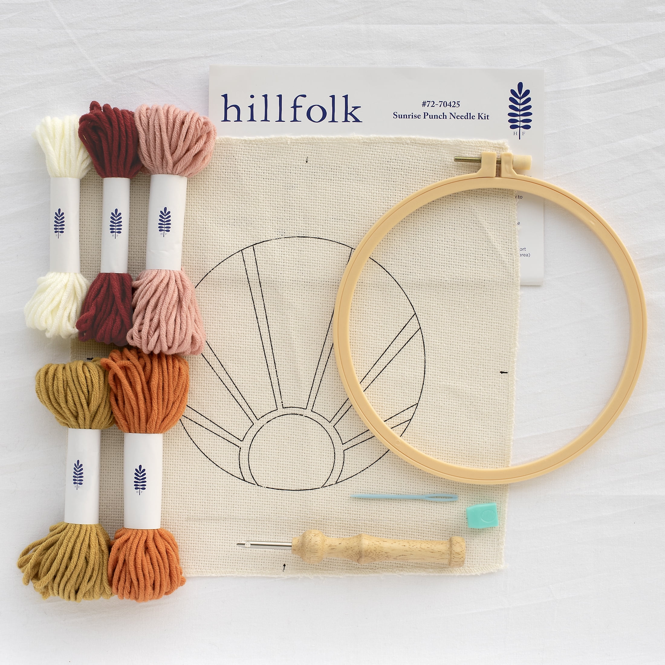 Hillfolk Punch Needle Sun Kit- Includes 8" Plastic Hoop, Printed Fabric, Yarn, Punch Needle Tool And Instructions. Makes On 8" Punch Needle Design.