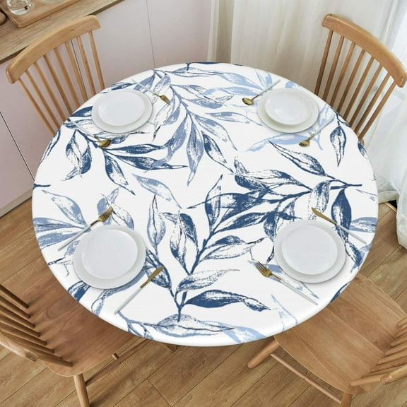 Round Table Cloth Vintage Blue Leaf Tablecloth Elastic Edge Fitted Table Cover Leaves Fits Tables Up to 44 Diameter