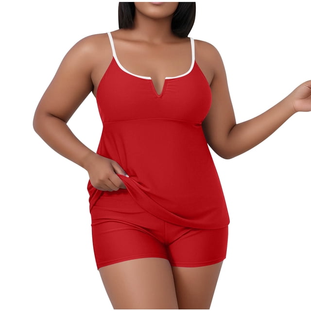 NSLGXD Tankinis Modestes pour Femmes Grande Taille, Maillot de Bain Gainant 2 Pcs, Haut de Tankini et Short, Ensembles de Maillots de Bain de Couleur Unie, Maillots de Bain Rouges, Taille TG-5TG