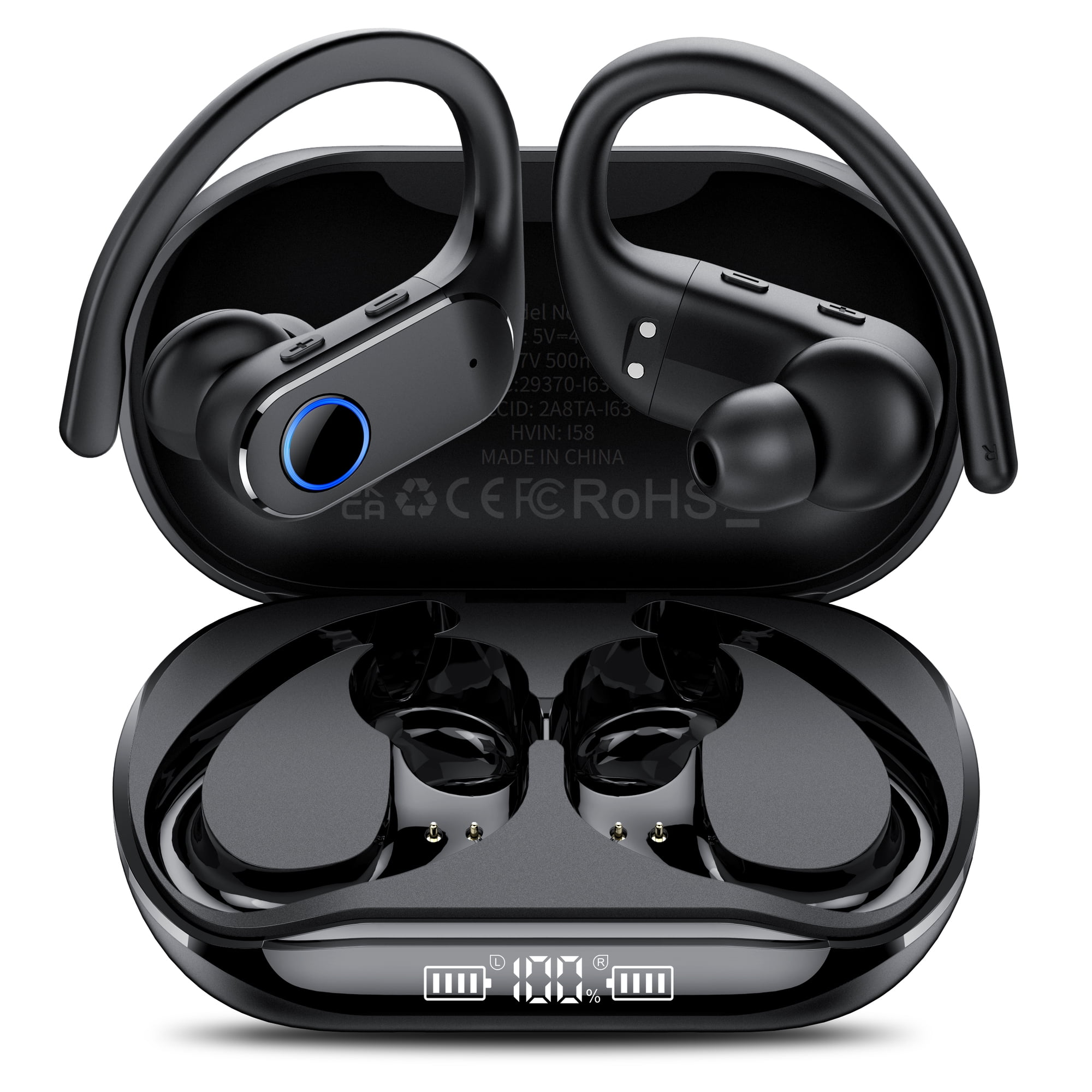 Open Ear Earbuds Active Noise Cancelling Bluetooth 6.0 Wireless Headphone, Over Ear Earphones with Adjustable Ear Hooks, 60H Playtime & LED Digital Display, IPX7 Waterproof Ear buds for Workout, Gym