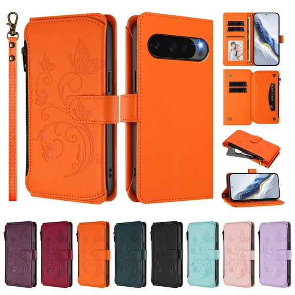 ELEHOLD Wallet Case For Google Pixel 9A,  Butterfly Flower Pattern Leather Flip Kickstand Card Holder Zipper Pocket Magnetic Closure Wallet Cover With Crossbody Strap Lanyard  ,Orange