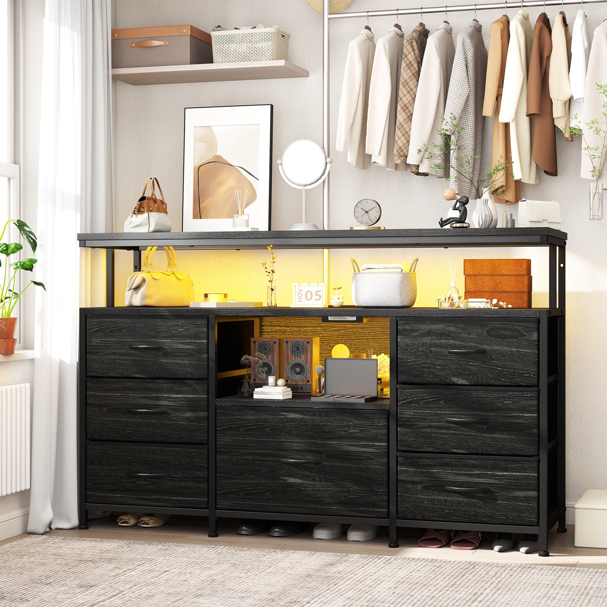 Dresser TV Stand for Bedroom with 7 Fabric Drawers,Wide Dresser for Bedroom with LED Lights & Power Outlets for 55" TV  & Open Shelves for Living Room, Sturdy Frame, Black