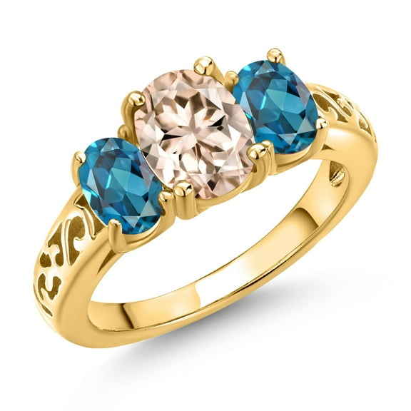 Gem Stone King 18K Yellow Gold Plated Silver Peach Morganite and London Blue Topaz Filigree Style 3 Stone Ring for Women (2.20 Cttw, Oval 8X6MM and 6X4MM) (Size 9)