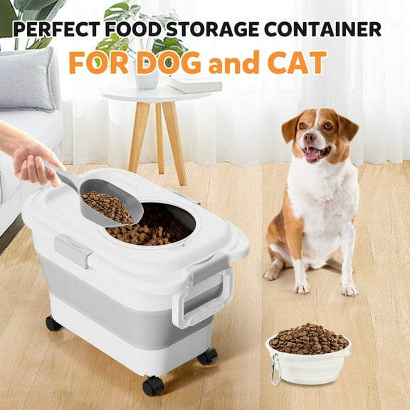 JIAN YA NA Collapsible Pet Dog Food Storage Container, Cereal Flour Rice Storage Bin with Rolling Wheels and Transparent Lid, 20lb Capacity, White