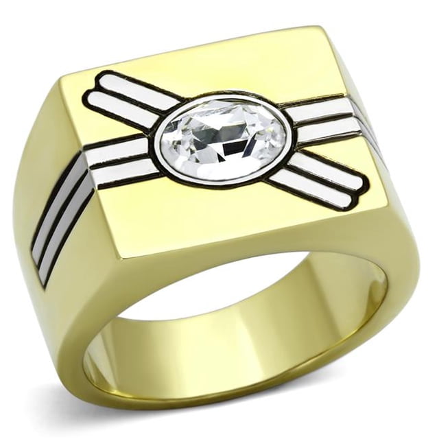 Men Two-Tone IP Gold Stainless Steel Ring with Top Grade Crystal in Clear - Size 9