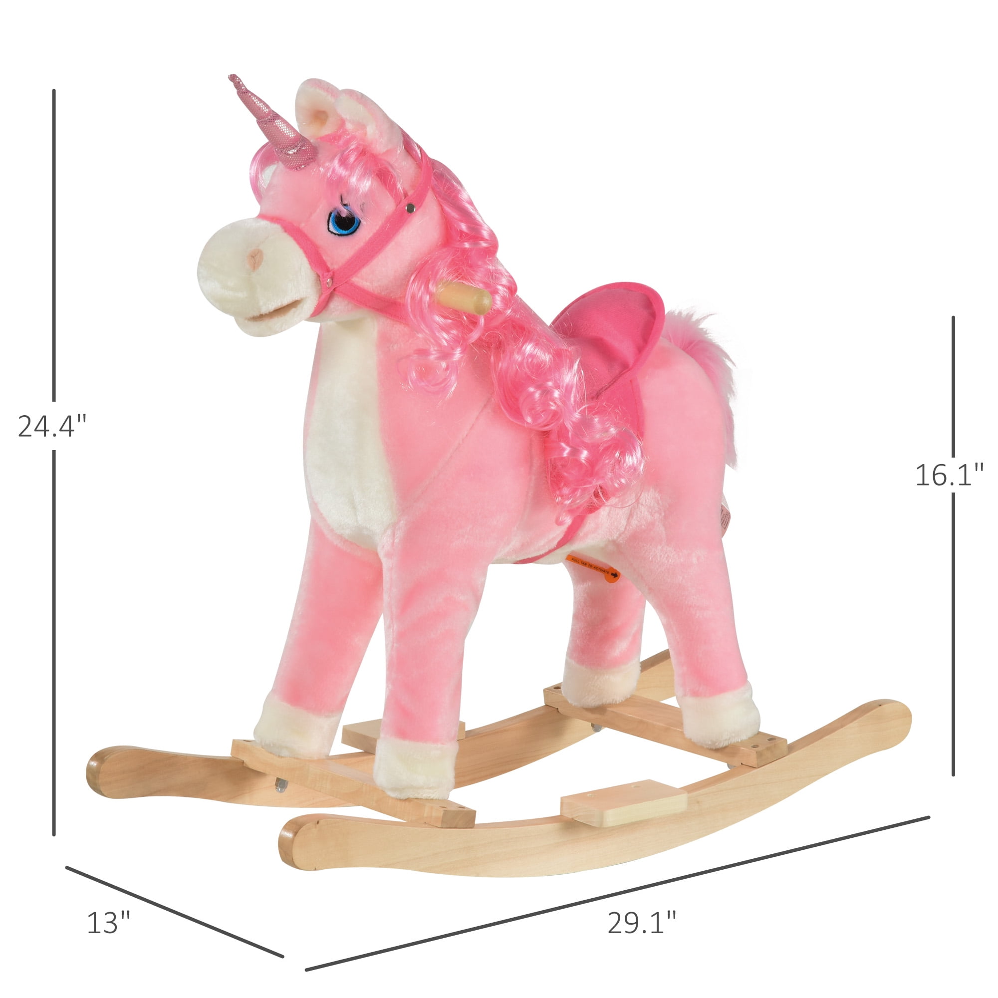 Bikes Qaba Rocking Horse, Ride on Horse Unicorn Design with Wooden Base, Tail Wag & Sounds for Toddlers 3-6 Years Old, Pink, Riding Toys