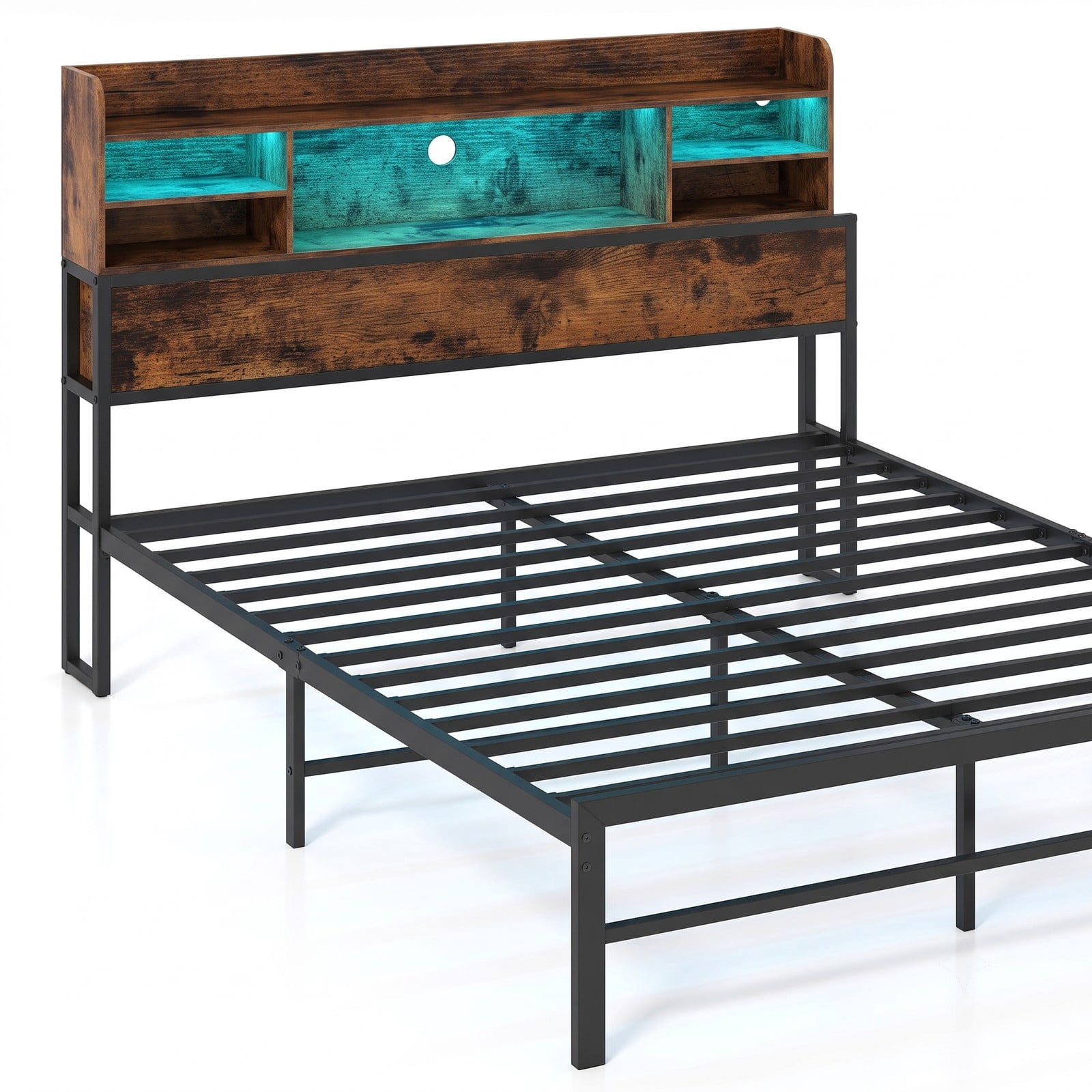 Furnibear Full Size Bed Frame with Storage, Metal Platform Bed with Storage Headboard, LED Lights and USB Charging, Rustic Brown