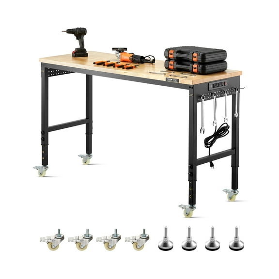 VEVOR 60-Inch Adjustable Workbench, 2000 lbs Load, Work Bench with Power Outlet, Wheels, and Pegboard, Heavy Duty Oak Wood Top Work Table for Garage, Workshop, Office, and Home