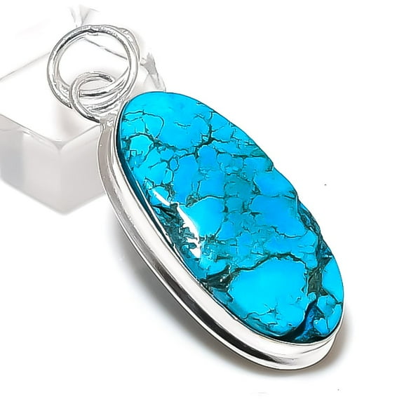 Tibetan Turquoise Handmade 925 Sterling Silver Jewelry Pendant 2.05"