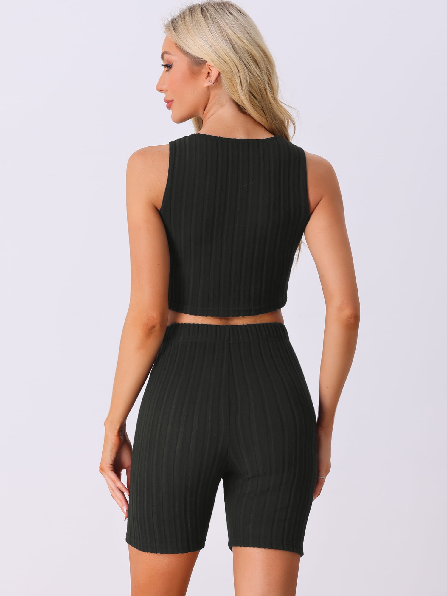 DARING DIVA Women's Ribbed Knit Tank Top and Biker Shorts Lounge Set Black S