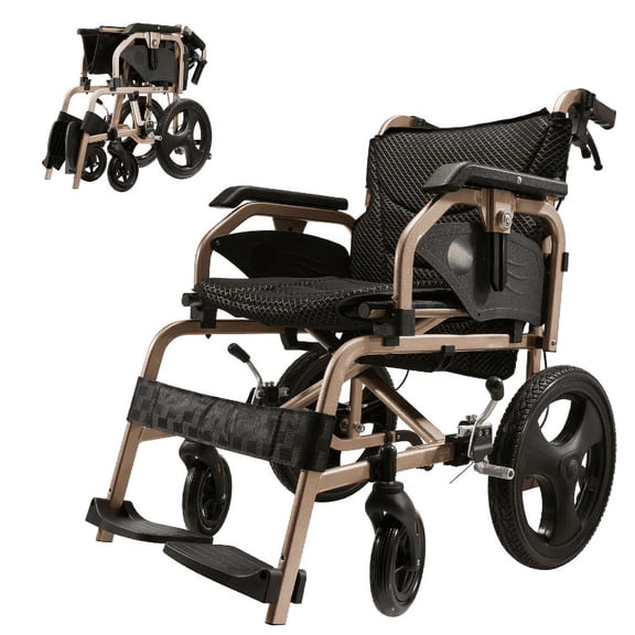 Lightweight Foldable Wheelchair for Adults - 27 lbs with Double Hand Brakes, Adjustable Armrests & 15" Rear Wheels - Champagne Gold