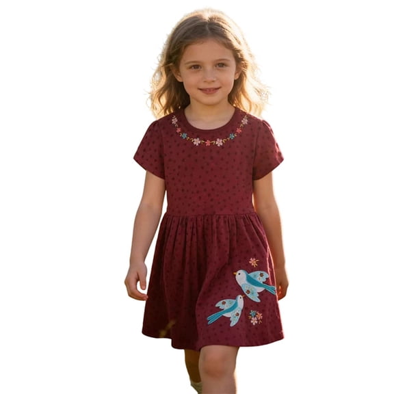 Dresses for Girls Back To School Ruched Crew Neck Short Sleeve Cartoon Print Breathable Dress School Uniform for Girls Size 2 Years
