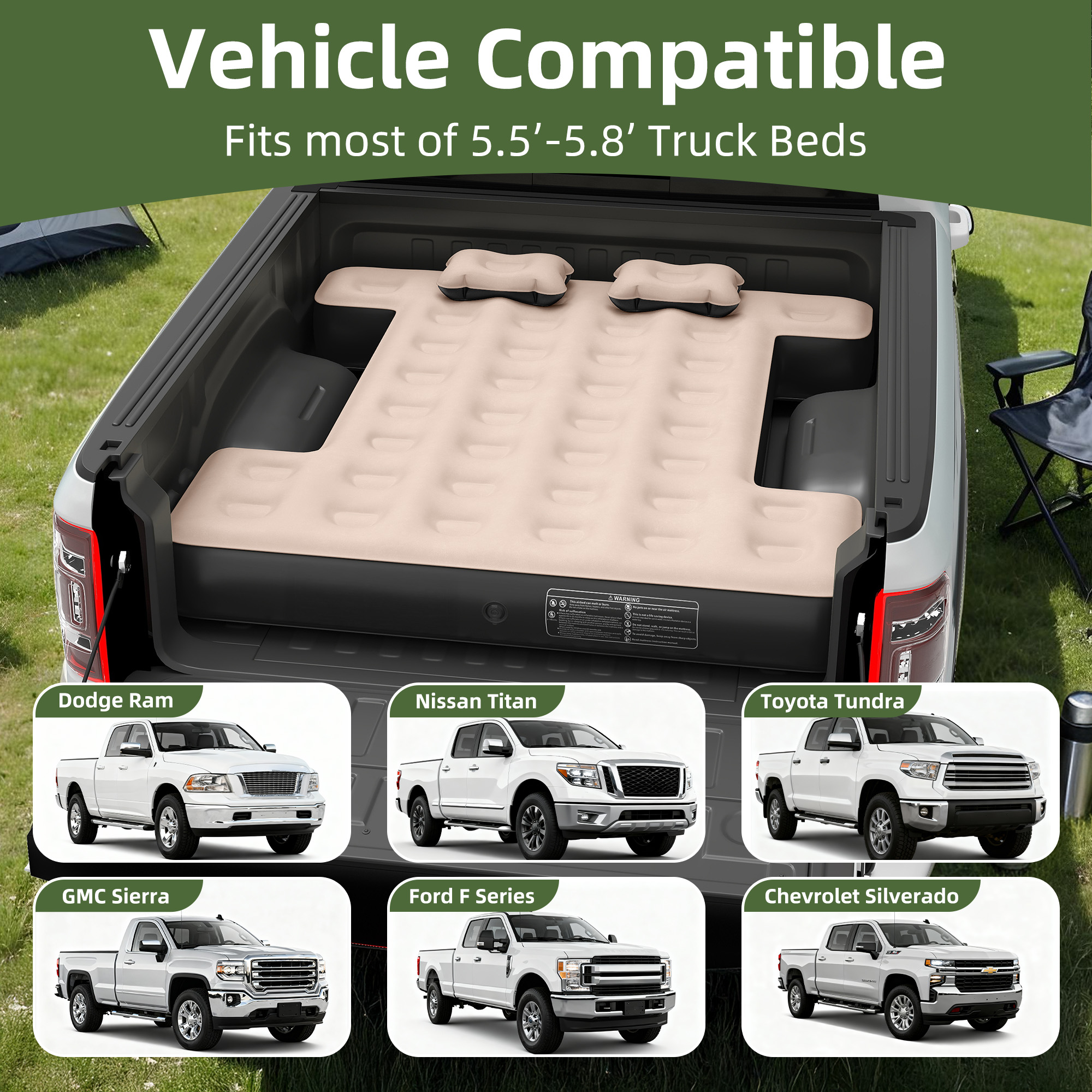 Uforic Inflatable Truck Air Mattress for 5.5–5.8ft Short Bed Pickups, Camping Car Bed with Pump, Pillows, Carry Bag & Patch Kit, Fits Full-Size Trucks, Brown