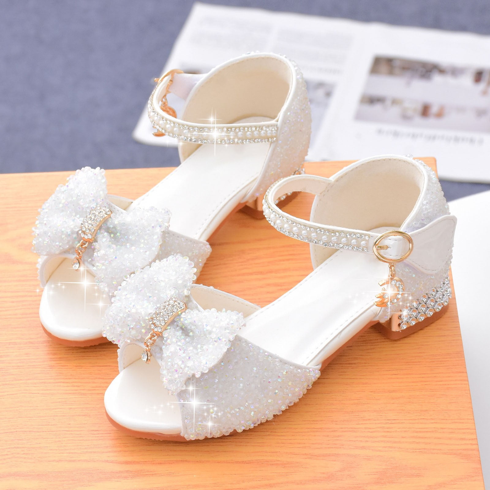 Cathalem Girls Wedding Sandals Low Heel Dress Open Toe Sandals Flower Wedding Party White 36