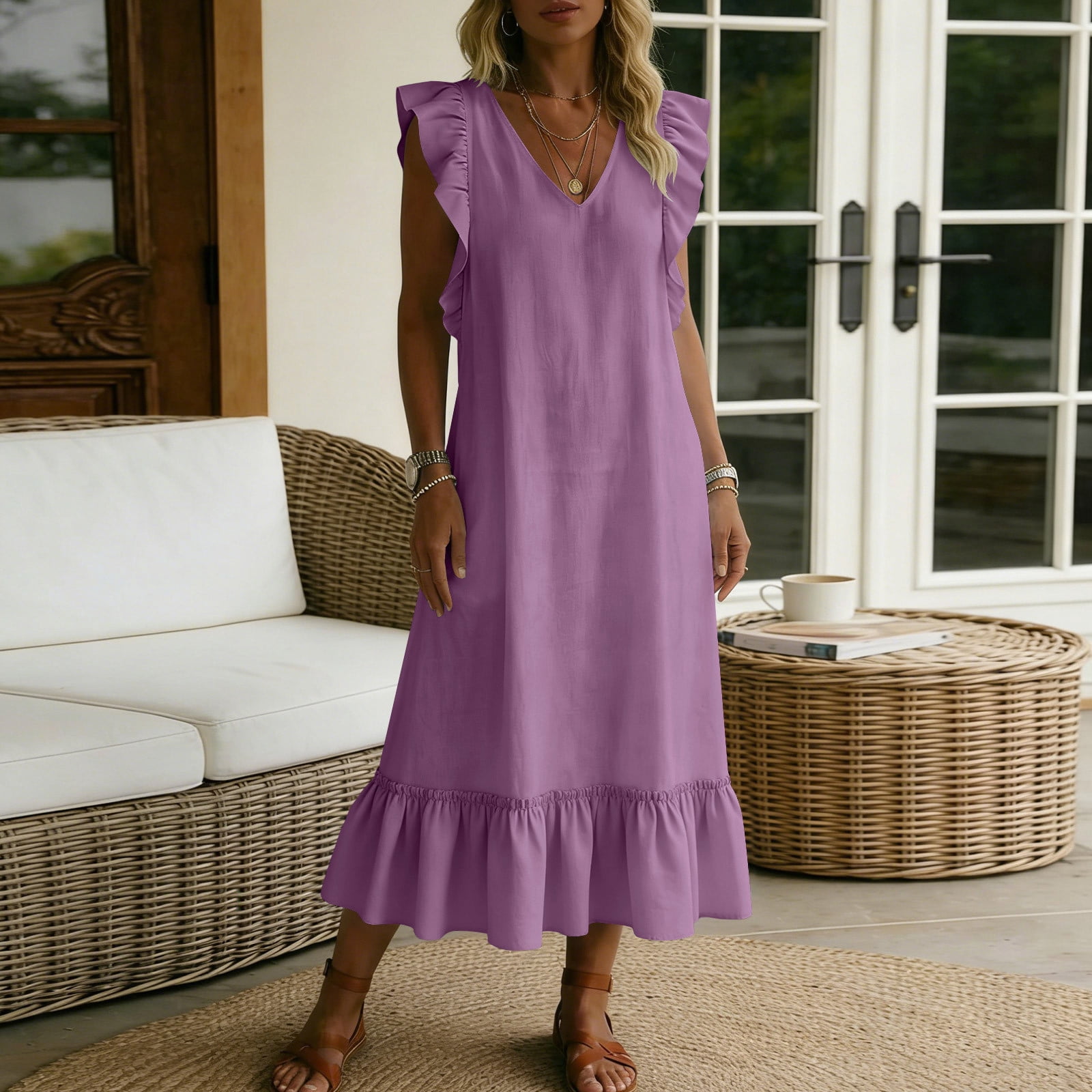 Kojanyu Women's Cotton Linen V Neck Ruffle Sleeveless Midi Dresses