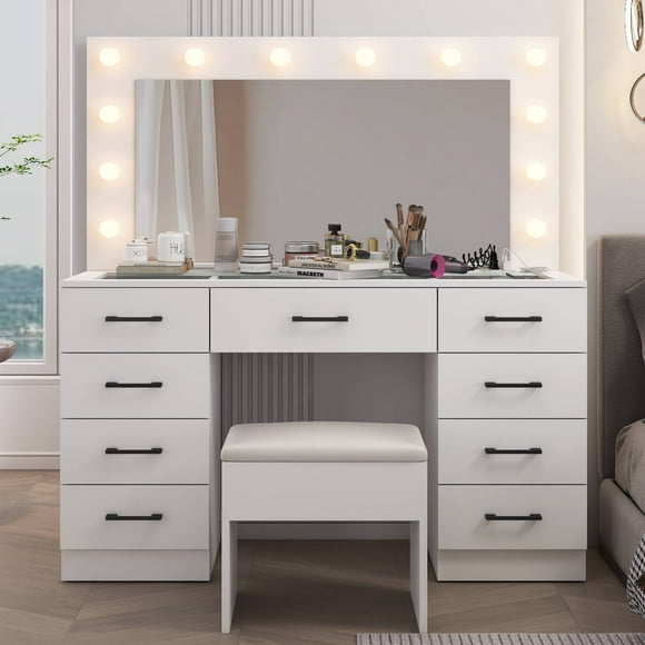 Ktaxon Large Makeup Vanity, Vanity Table Set w/ Visible Glass Top w/ Charging Station, for Girls and Women, White