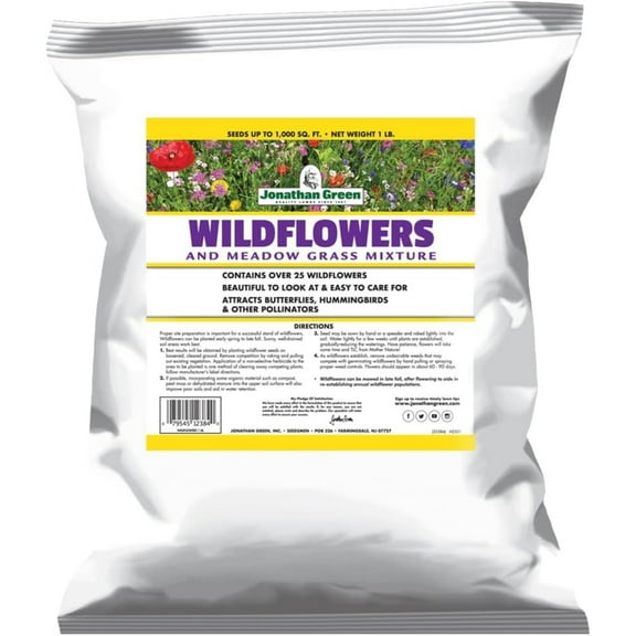 Jonathan Green Wildflower & Meadow Grass Mix – Vibrant Wildflower Seeds, Reseeding Perennials, Low Maintenance, 1 lb (Covers 1,000 Sq Ft)