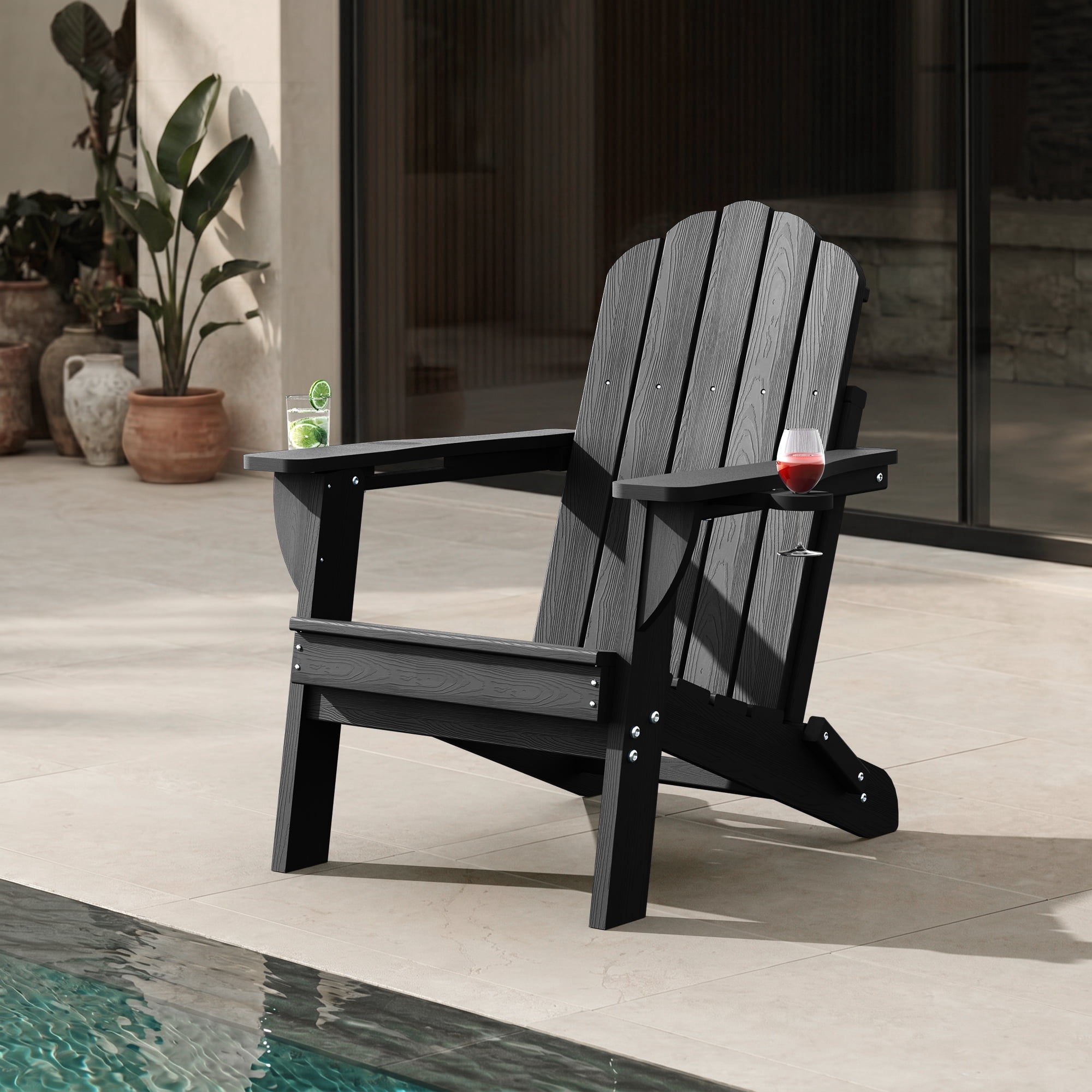 Folding Adirondack Chair, All-Weather HDPE Patio Chair with Cup Holders, Black