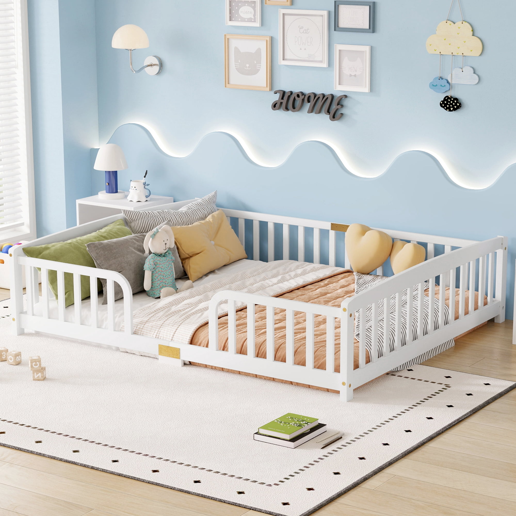 Mintazer Montessori Queen Size Floor Bed with Fence & Guardrail for Kids Children Toddlers, White