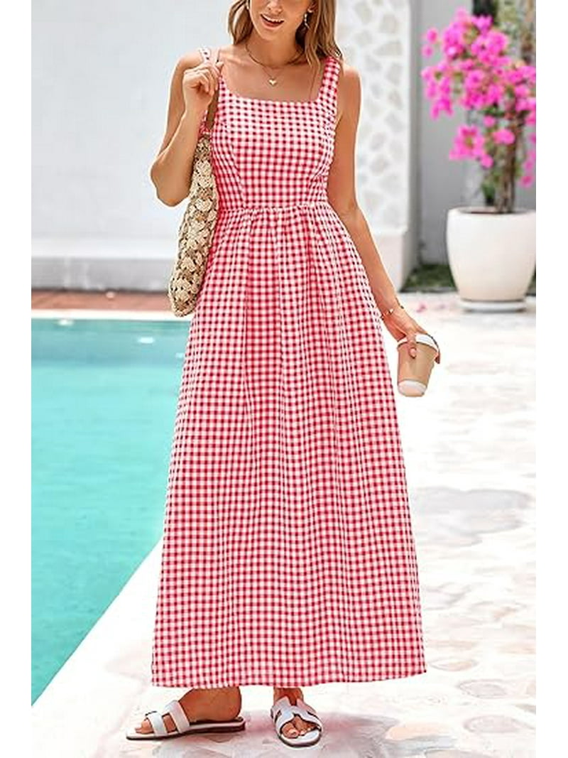 Prettygarden Women's Summer Spaghetti Strap Maxi Dresses Plaid Square Neck A Line Casual Beach Vacation Long Sundress, Size: 2XL, Red