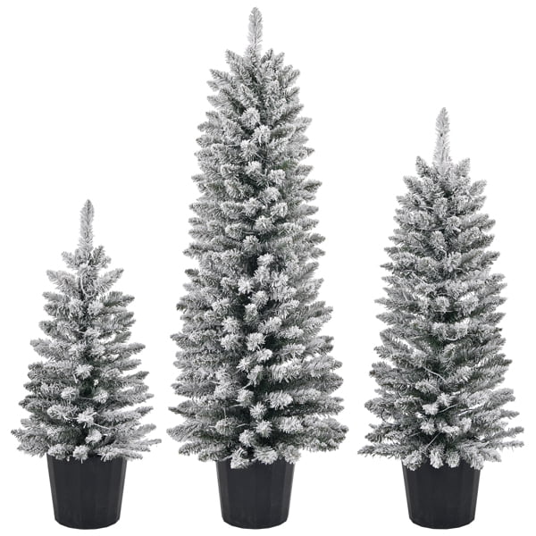3-Piece Pre-Lit Flocked Christmas Tree Set - Warm White LEDs, Snowy Green PVC Branches, Flame-Retardant, Holiday Decor for Home/Living Room/Entryway