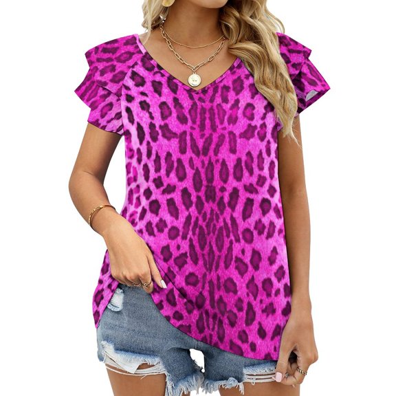 Pink Leopard Lotus Leaf Neck T-Shirt Long Sleeve T-Shirts For Women Spring And Autumn Tee Leopard Skin Pink Mareedem1 Cover