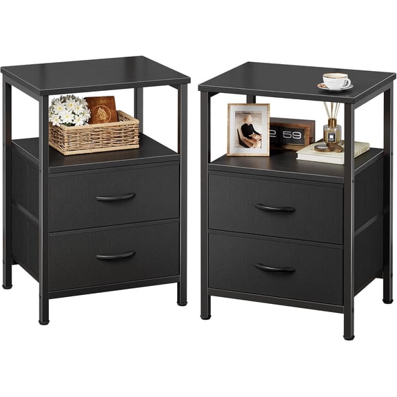 Night Stand Set of 2, Nightstand with 2 Drawers, Bed Side Table with Open Shelf, Wooden Top, End Table, Fabric Drawer, for Bedroom