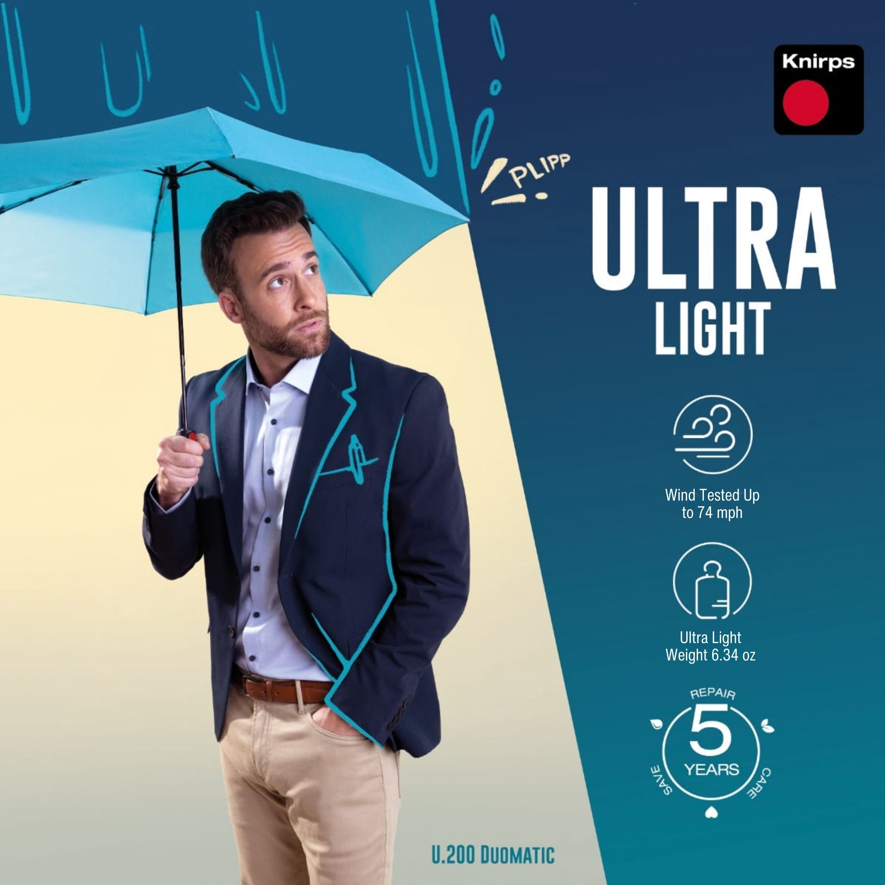Knirps U.200 Ultra Light Automatic Rain Umbrella in Bordeaux – One-Touch Auto Open/Close, Wind-Tunnel Tested, 37in Canopy, Aluminum Fiberglass Frame, Pocket-Size Travel Umbrellas, Cover Included