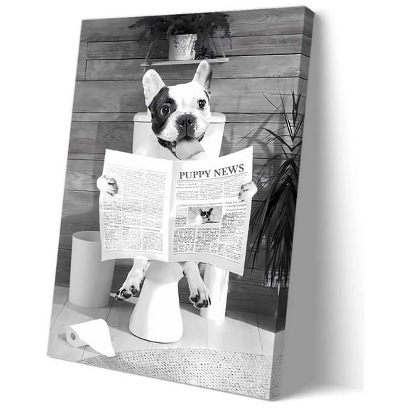French Bulldog Poster Bathroom Wall Art Dog on Toilet Reading Newspaper Wall Decoration Hanging Canvas Print Kitchen Poster Printing
