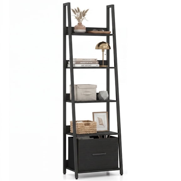 Giantex Narrow Bookcase, Ladder Bookshelf w/Drawer, Storage Display Rack, Black