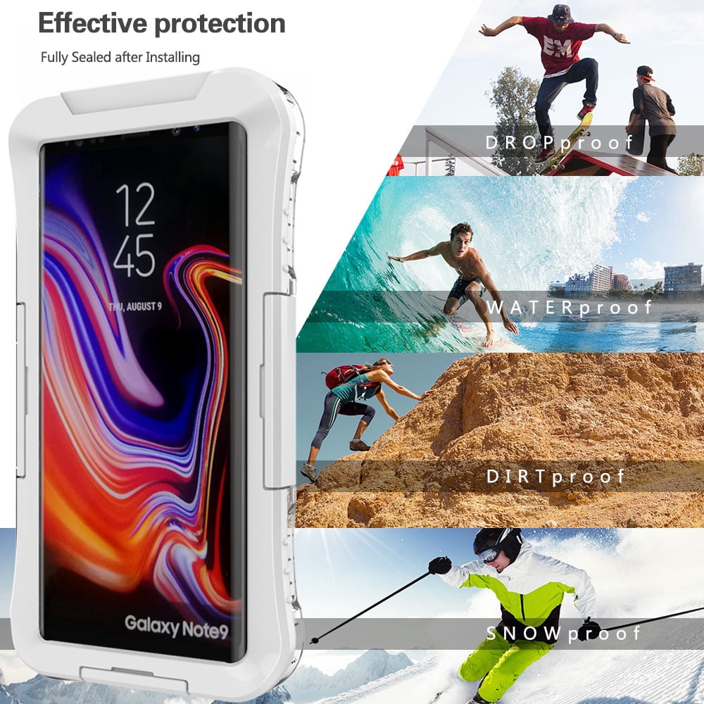 Waterproof Fully Sealed Hard Case For Samsung Galaxy Note 9 With Plastic Screen Protector Cover For Swimming, Beach, Camping, Vacation Outdoor Use (White)