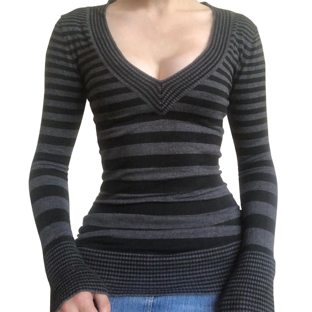 Striped Long Sleeve Slim Tops Color Block Square Collar Tee Aesthetic Autumn Winter 90s Shirts