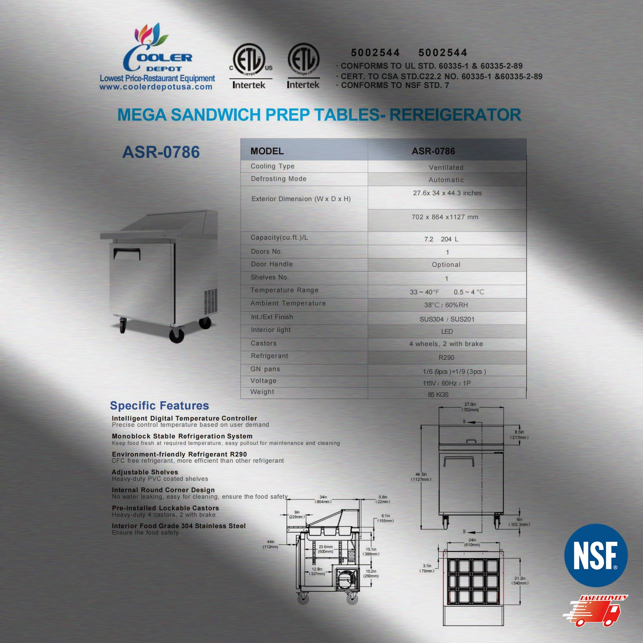 Cooler Depot NSF 28-inch Sandwich Prep Table Refrigerator, 7.2 cu ft, Locking Casters, Model ASR-0786