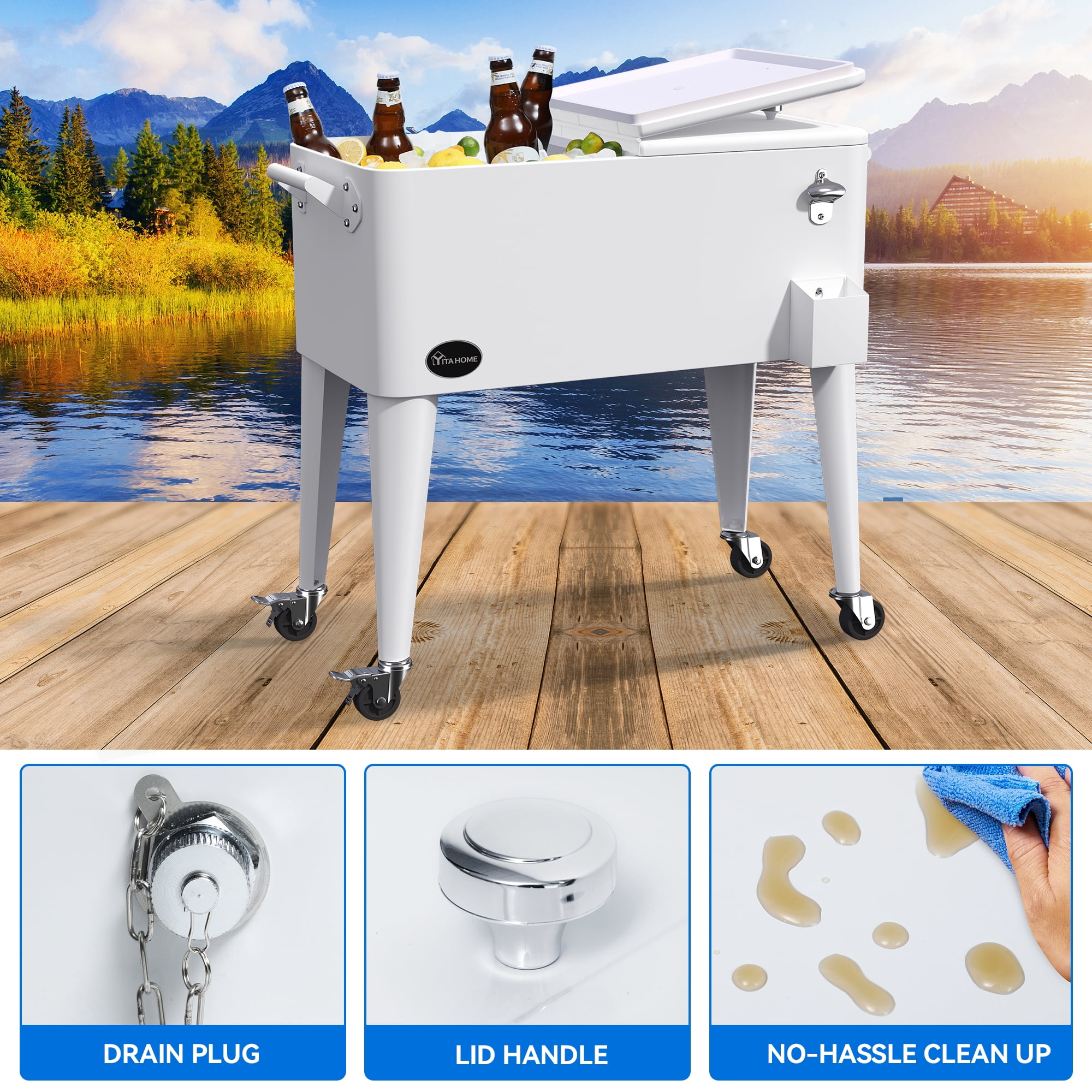 Dextrus 80 Quart OutdDextrus 80 Quart Outdoor Rolling Cooler Cart with Bottle Opener Drainage, White