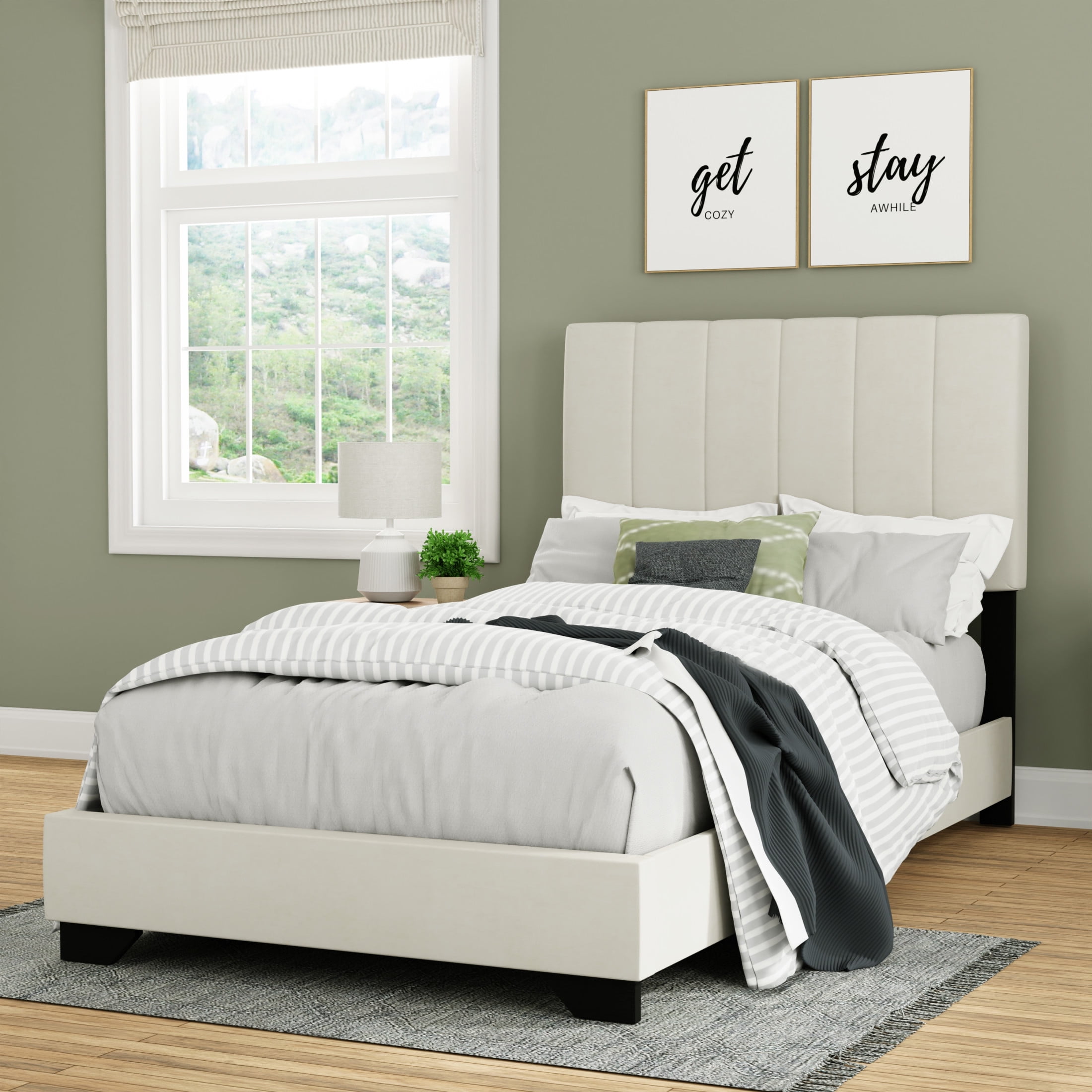 Reece Channel Stitched Upholstered Twin Bed, Ivory, by Hillsdale Living Essentials