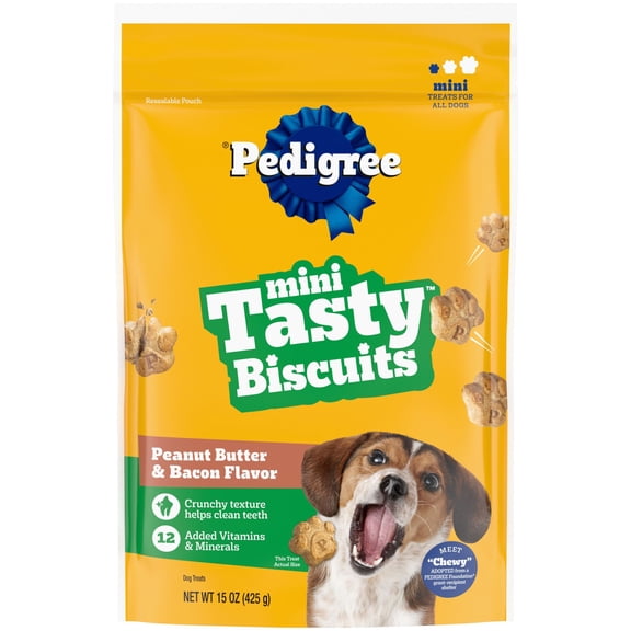 Pedigree Tasty Biscuits Mini Dog Treats, Peanut Butter & Bacon Flavor, 15-oz Bags (4 Pack)
