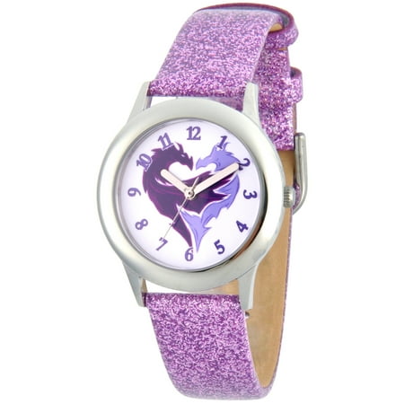 Icon Analogue Watch - Disney Descendants 2 Mal Icon Girls' Stainless Steel Watch, Purple Glitter Strap