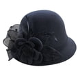 thumbnail image 2 of Women's Wool Felt Hat with Elegant Net Fabric Flower, Round Top Bucket Hat for Women, Vintage Tea Party Hat for Church, Wedding, and Special Occasions - Black, 2 of 4