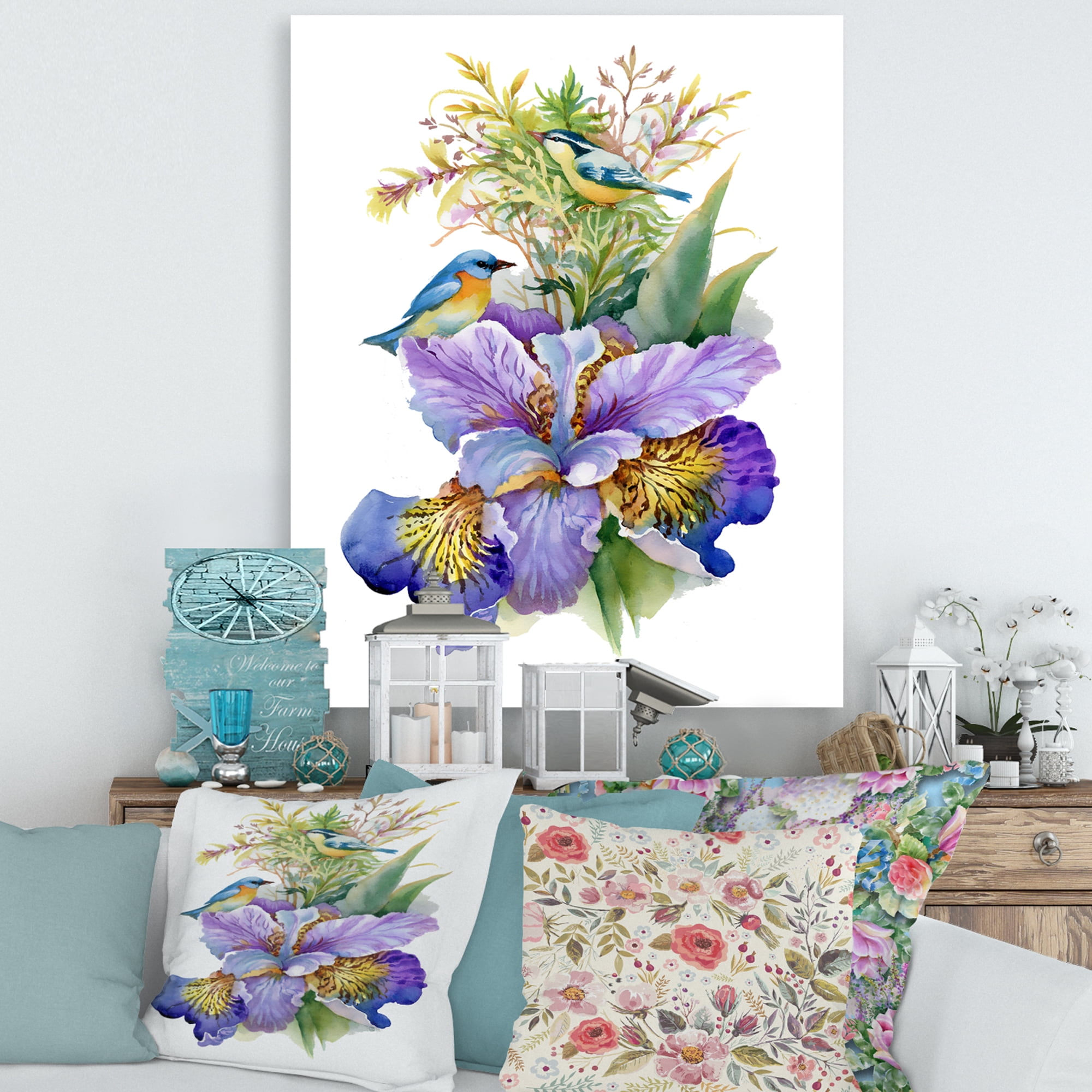 Designart ' Birds With Purple Iris ' Traditional Canvas Wall Art Print