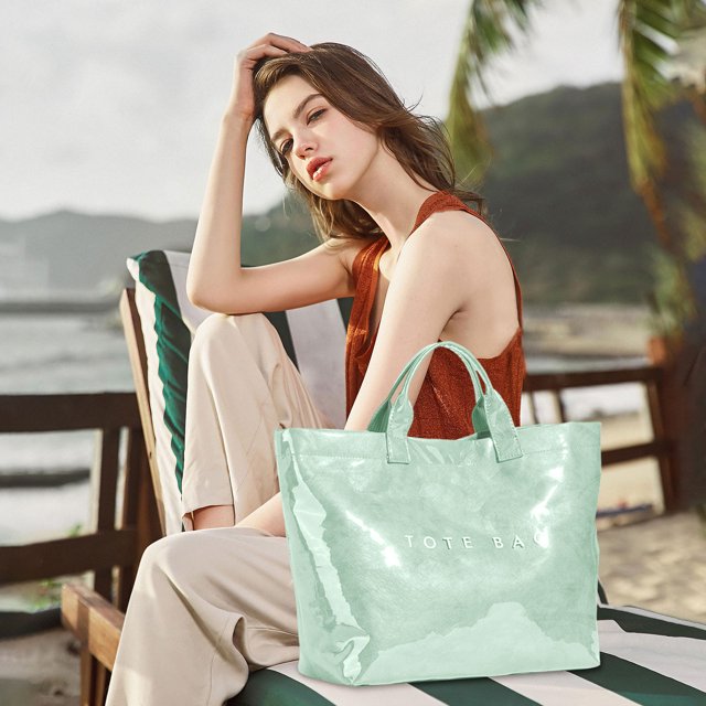 XWSHYW Contenedores de Almacenamiento Bolso de Mano de Pvc para Mujer Bolso de Mano Grande con Estampado de Letras de Pvc de Color Sólido a La Moda