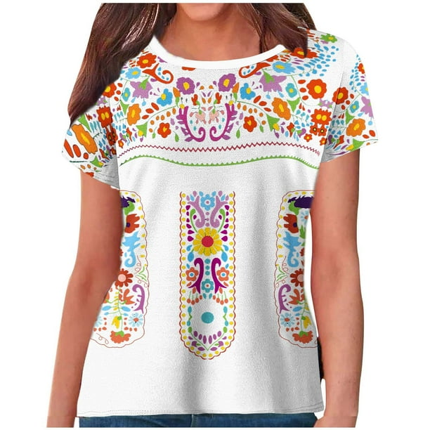 Estilo Étnico de Verano Superior de las Mujeres Impreso Cuello Redondo Manga Corta Superior, Tops Cortos para las Mujeres