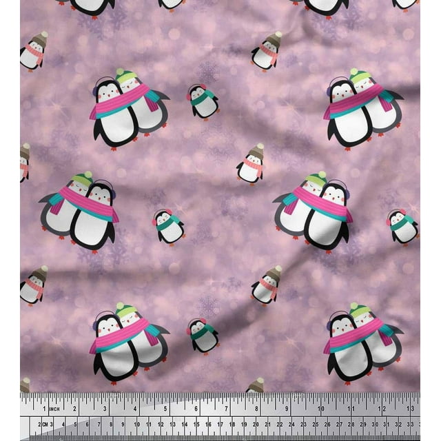 Soimoi polyester Crepe Fabric Snowman & Penguin Kids Fabric Prints By Yard 52 Inch Wide