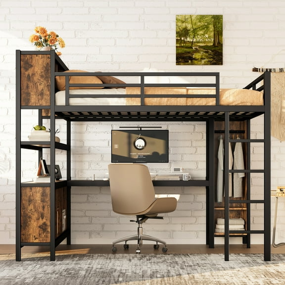 Queen Loft Bed with Wardrobe & L-Shaped Desk, Metal Loft Bed Frame with Storage Cubes and Shelves, Space Saving Loft Bed for Teens, Adults, Small Spaces, Black Woodgrain