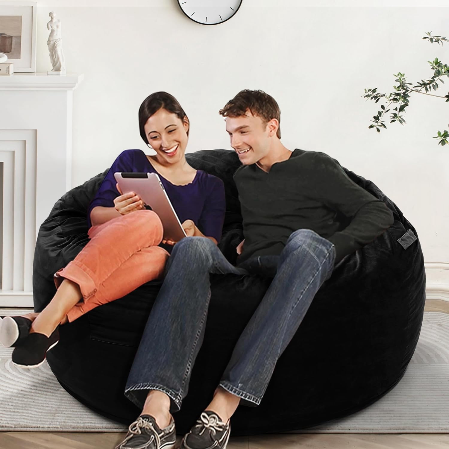 4 FT Bean Bag Chair for Adults, Teens, or Kids, Adult Size Beanbag Chair, Luxurious Memory Foam Filling, Washable Velvet Cover, Perfect for Living Room, Den, Bedroom, or Dorm, Black