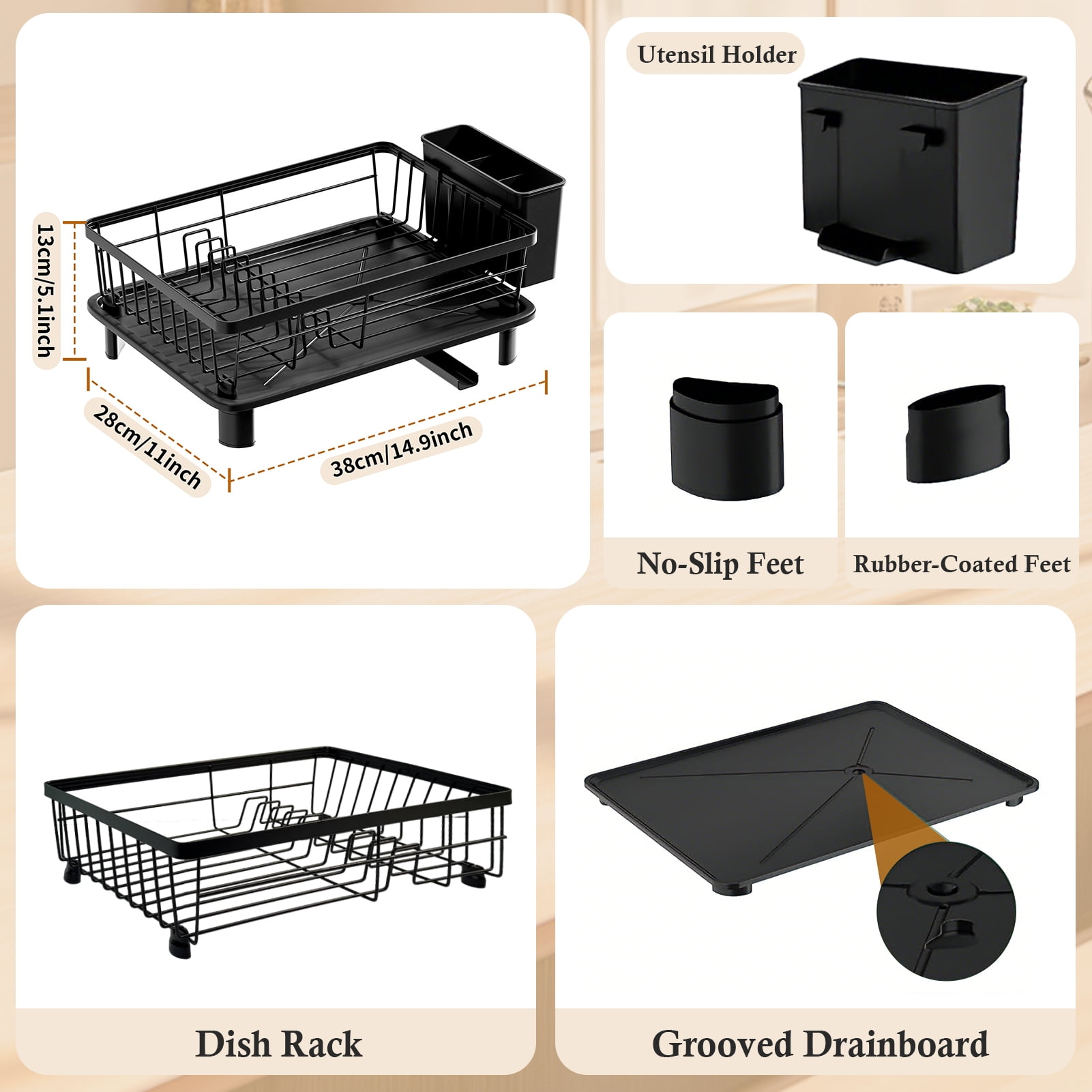 Godance Dish Drying Rack for Kitchen Counter, Stainless Steel Sink Organization and Storage with Cutlery Holder, Anti-Rust Drainage System, Apartment Essentials (Black, 14.9"L x 11"W)