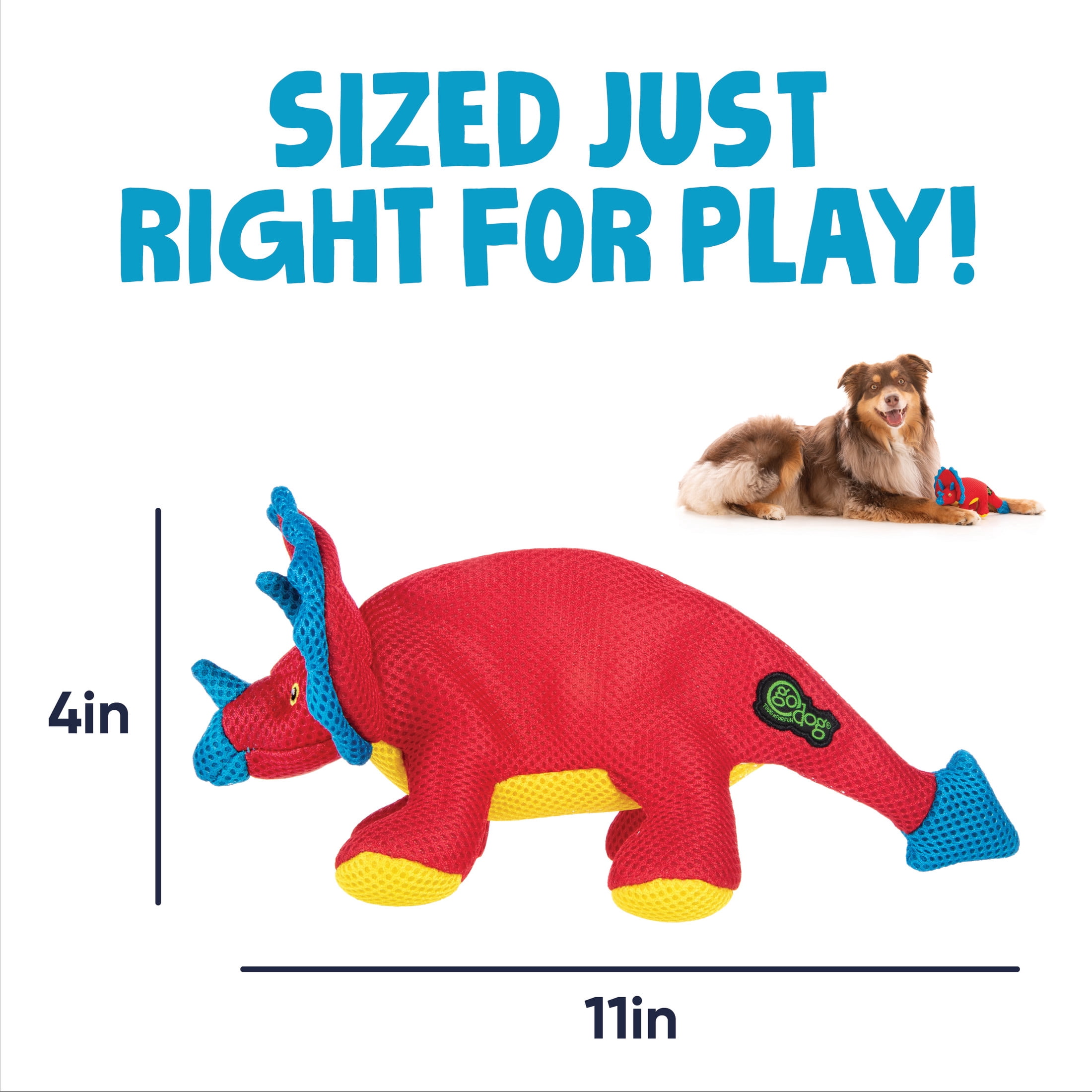 goDog Double Chew Guard Technology Dino Frills Squeaky Plush Dog Toy, Red, Small
