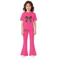 thumbnail image 3 of EnJoCho Girls Cute 2 Piece Outfits Teens Bow Graphic Sweatsuit Kids Summer Tracksui𝗍 Casual Short Sleeve Tops Flare Pants Set Girls Shorts Sleeve Tops Pants Set, 3 of 5