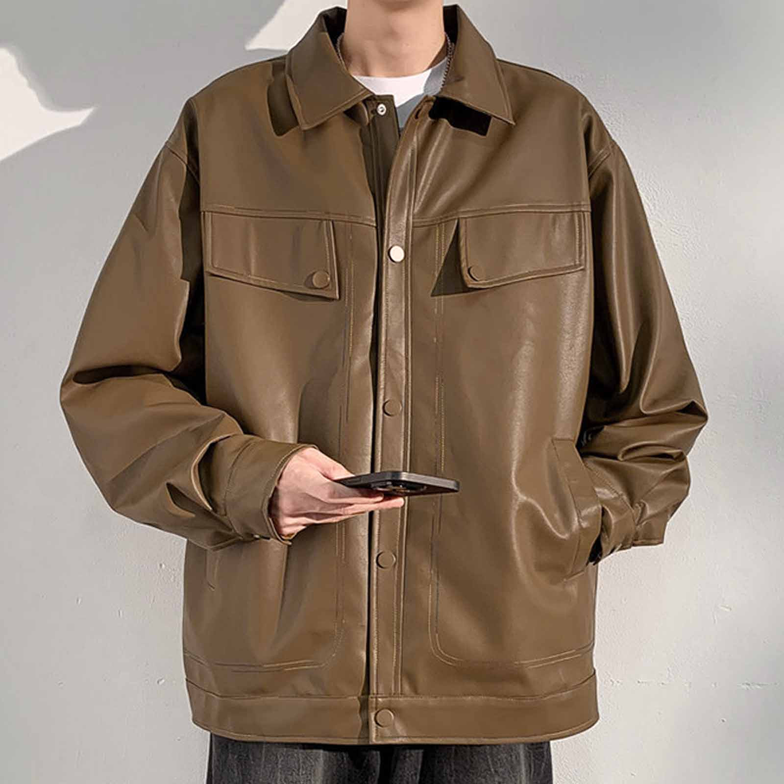 Maoxin Mens Jacket Retro Men's Solid Color Snap Pocket Casual Loose Long Sleeved Hooded Leather Jacket Coat Jackets for men Coffee 4XL
