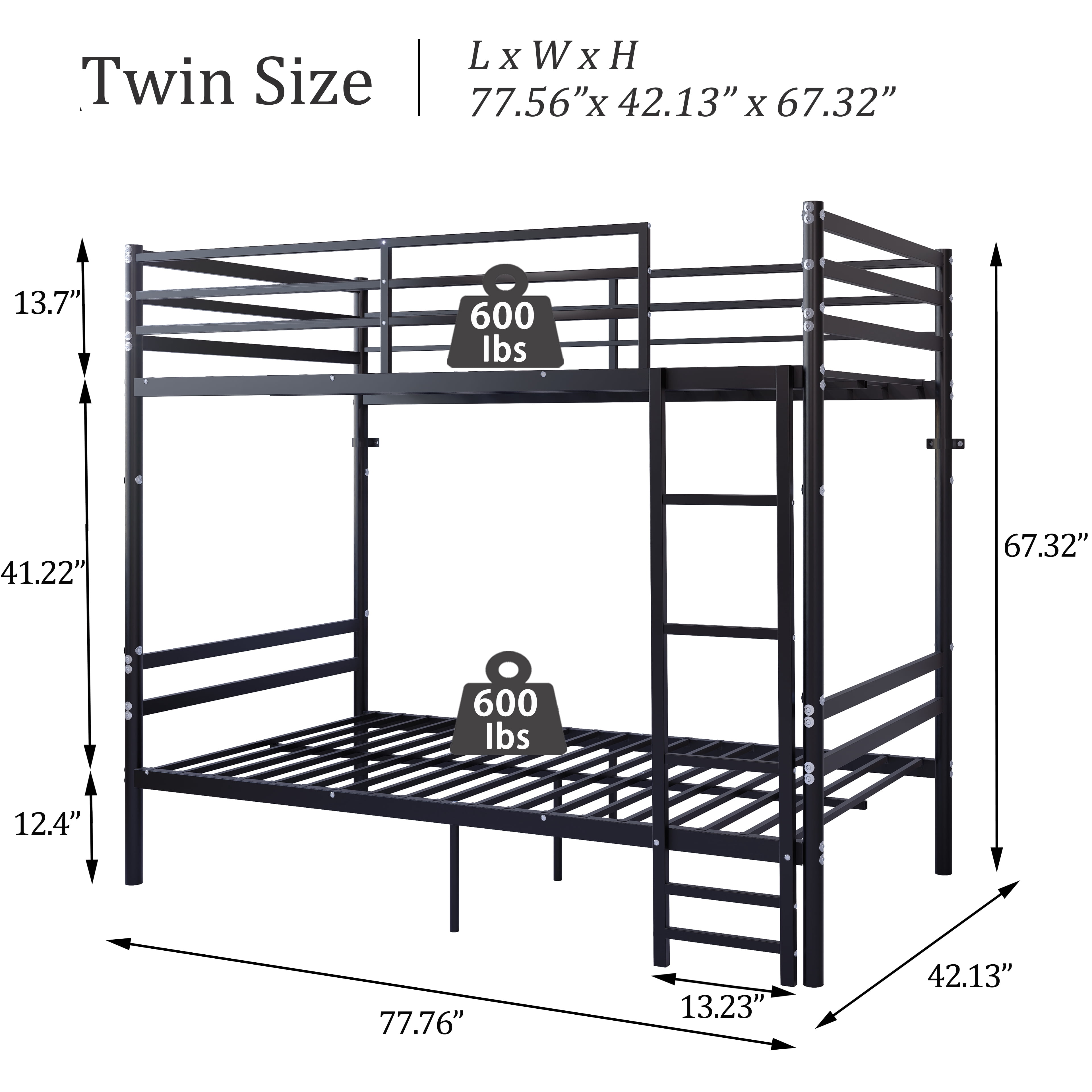 Mintazer Heavy Duty Twin Over Twin Metal Bunk Bed with Ladder and Guardrails for Bedroom, Black